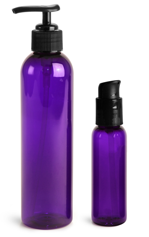 PET Plastic Bottles, Purple Cosmo Round Bottles w/ Black Lotion Pumps