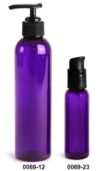 Plastic Bottles, Purple PET Cosmo Round Bottles w/ Black Lotion Pumps