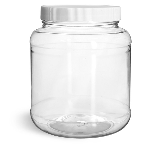 PET Plastic Jars, Clear PET Round Squat Jar w/ White Polypropylene Ribbed Caps