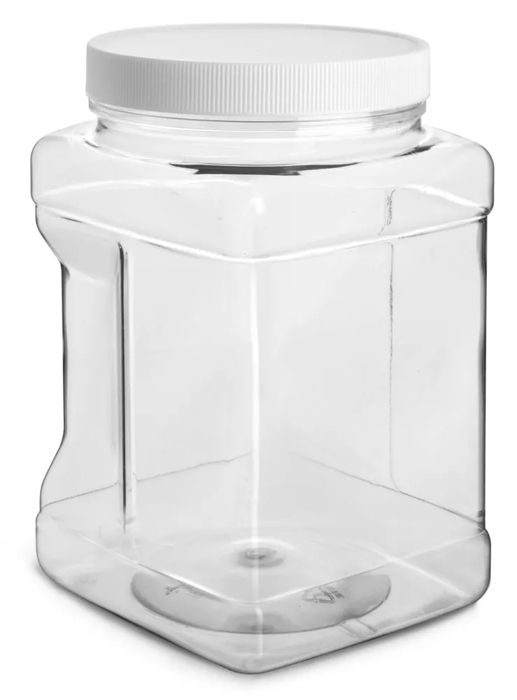 1/2 gal Clear PET Square Gripped Wide Mouth Jars w/ White PE Lined Caps