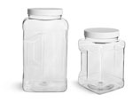 PET Plastic Jars, Clear Square Gripped Wide Mouth Jars w/ White PE Lined Caps  