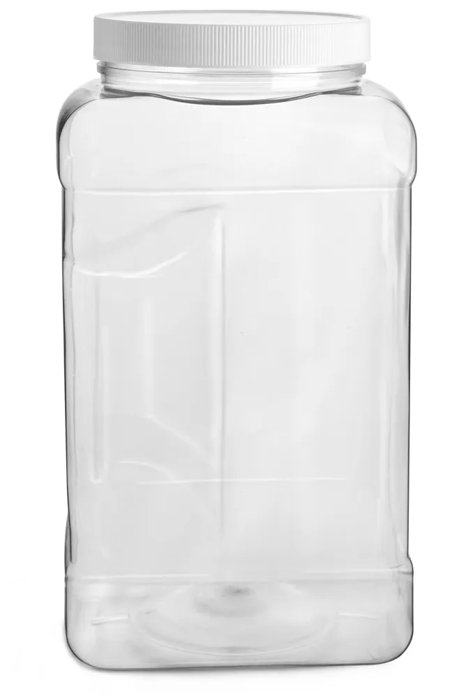 1 gal Clear PET Square Gripped Wide Mouth Jars w/ White PE Lined Caps
