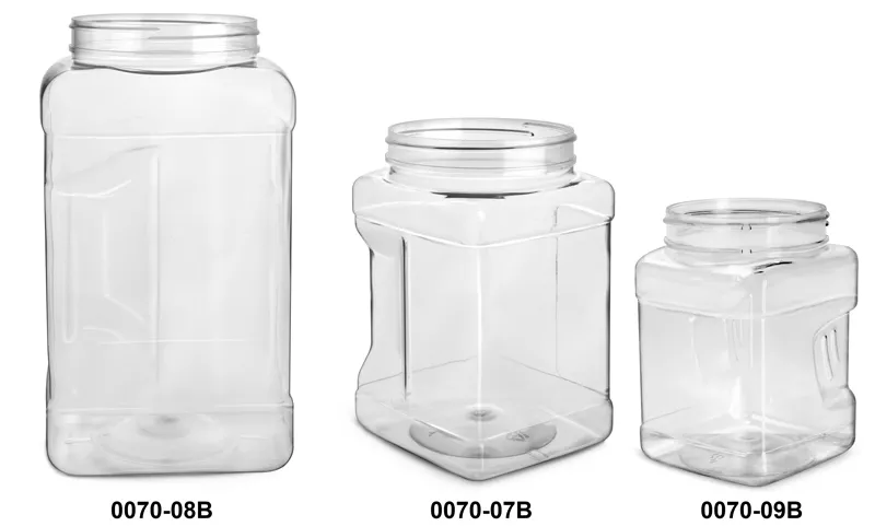 Clear PET Square Gripped Wide Mouth Jars w/ White PE Lined Caps