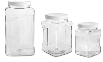 Plastic Jars, Clear PET Square Gripped Wide Mouth Jars w/ White PE Lined Caps