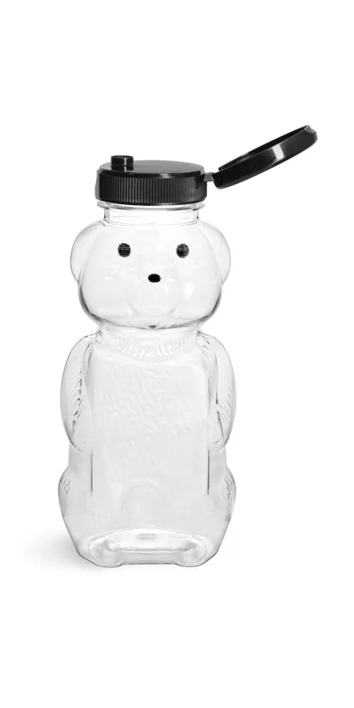 8 oz Clear PET Honey Bear Bottles w/ Black Snap-Top Caps
