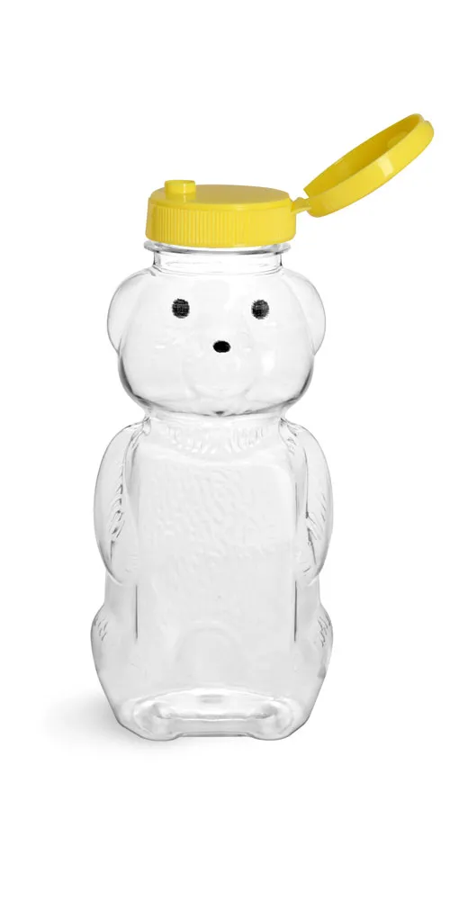 8 oz Clear PET Honey Bear Bottles w/ Yellow Snap-Top Caps