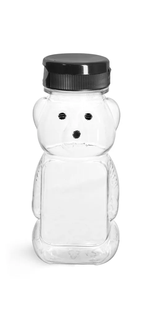 6 oz Clear PET Honey Bear Bottles w/ Black Snap-Top Caps