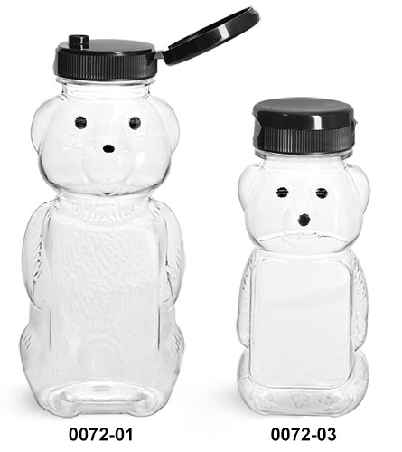 Plastic Bottles, Clear PET Honey Bear Bottles w/ Lined Black Snap Top Caps