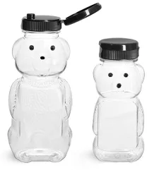 PET Clear Honey Bear Bottles w/ Black Snap-Top Caps