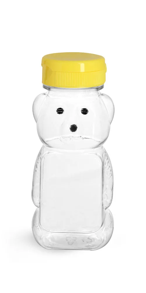6 oz Clear PET Honey Bear Bottles w/ Yellow Snap-Top Cap