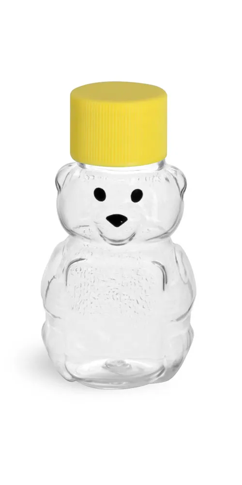 1.5 oz Clear PET Honey Bears w/ Ribbed Yellow Lined Caps