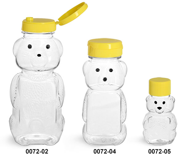 Plastic Bottles, Clear PET Honey Bear Bottles w/ Yellow Lined Caps