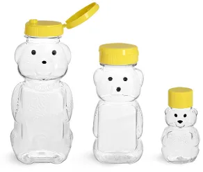 PET Plastic Bottles, Clear Honey Bear Bottles w/ Yellow Lined Caps