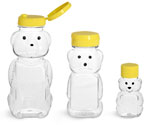 PET Plastic Bottles, Clear Honey Bear Bottles w/ Yellow Lined Caps