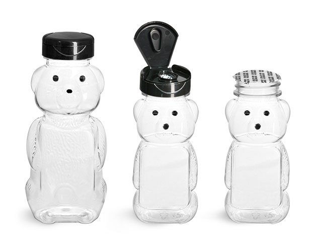 8 oz Plastic Bottles, Clear PET Honey Bear w/ Black Polypro Induction Lined Snap Top Cap