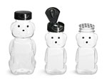PET Plastic Bottles, Clear Honey Bear w/ Black Polypro Induction Lined Snap Top Cap