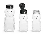 PET Plastic Bottles, Clear Honey Bear w/ Black Polypropylene Induction Lined Snap Top Cap