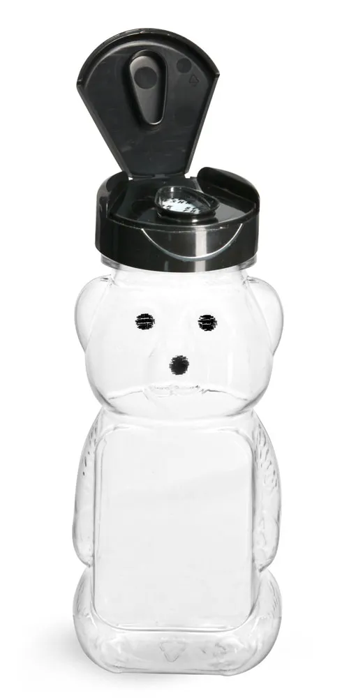 6 oz Plastic Bottles, Clear PET Honey Bear w/ Black Polypro Induction Lined Snap Top Cap