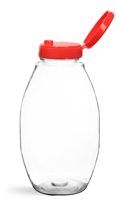 PET Plastic Bottles, Clear Inverted Ovals w/ Lined Red Snap Top Caps