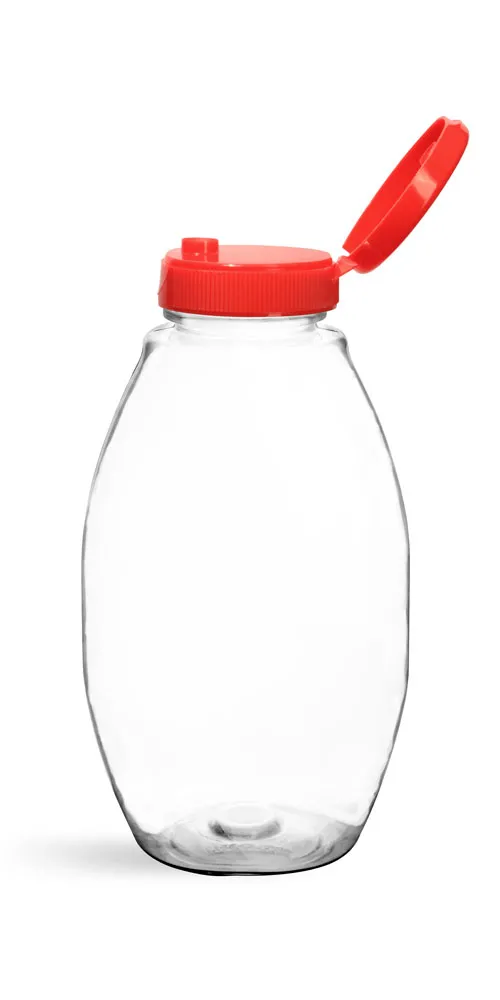 12 oz Plastic Bottles, Clear PET Inverted Ovals w/ Lined Red Snap Top Caps