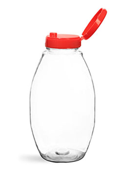 Plastic Bottles, Clear PET Inverted Ovals w/ Lined Red Snap Top Caps