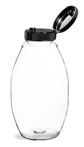 12 oz Plastic Bottles, Clear PET Inverted Ovals w/ Black Lined Snap Top Caps