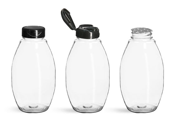 Plastic Bottles, Clear PET Inverted Oval w/ Black Polypro Induction Lined Snap Top Caps