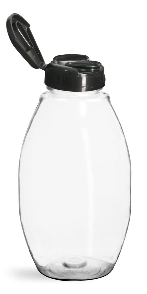 12 oz Plastic Bottles, Clear PET Inverted Oval w/ Black Polypro Induction Lined Snap Top Caps