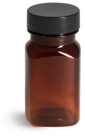 Plastic Bottles, Amber PET Square Bottles w/ Smooth Black PE Lined Caps