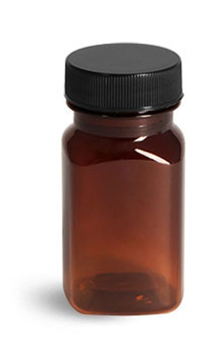 Plastic Bottles, Amber PET Square Bottles w/ Ribbed Black PE Lined Caps