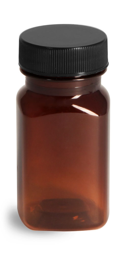 2 oz Plastic Bottles, Amber PET Square Bottles w/ Ribbed Black PE Lined Caps