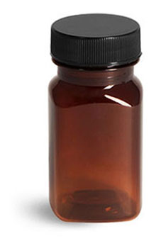 Plastic Bottles, Amber PET Square Bottles w/ Ribbed Black PE Lined Caps