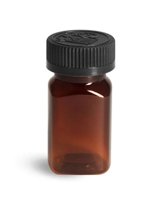 Plastic Bottles, Amber PET Square Bottles w/ Black PE Lined Child Resistant Caps