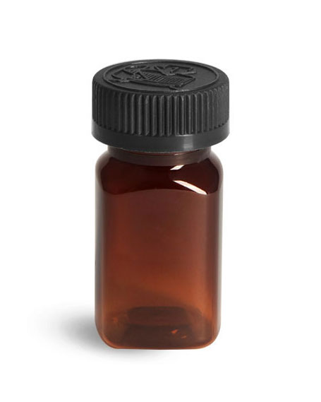 Plastic Bottles, Amber PET Square Bottles w/ Black PE Lined Child Resistant Caps