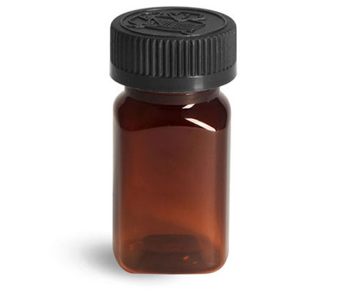 Plastic Bottles, Amber PET Square Bottles w/ Black PE Lined Child Resistant Caps
