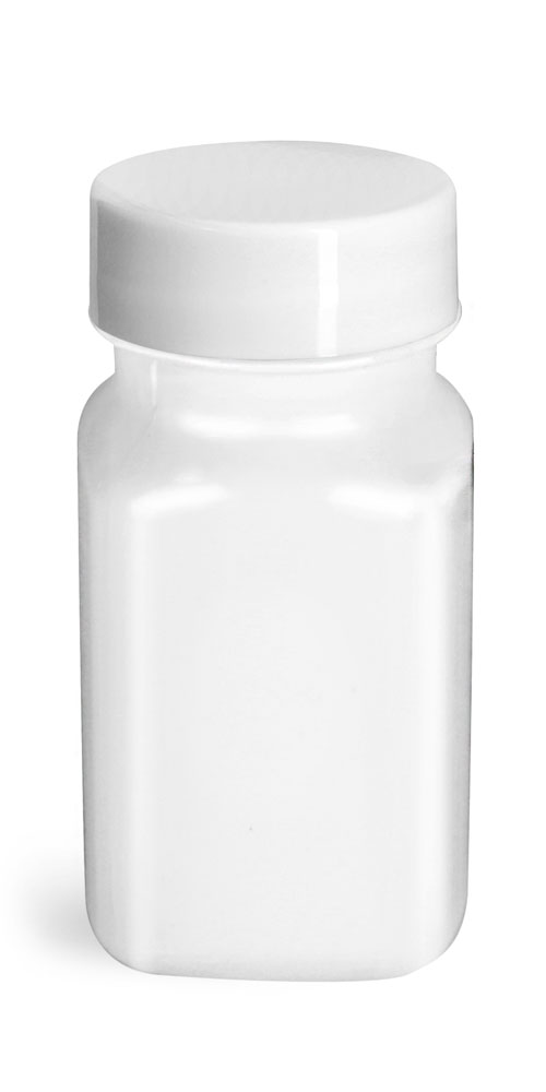 2 oz Plastic Bottles, White Square PET Bottles w/ Smooth White PE Lined Caps