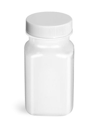 PET Plastic Bottles, White Square Bottles w/ Ribbed White PE Lined Caps