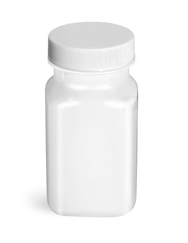 Plastic Bottles, White Square PET Bottles w/ Ribbed White PE Lined Caps