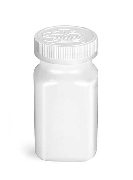White PET Square Bottles w/ White F217 Lined Child Resistant Caps