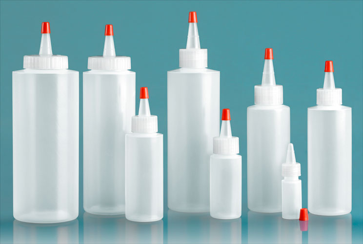 LDPE Plastic Bottles, Natural Cylinder Bottles w/ Long Tip Spout with Red Tip