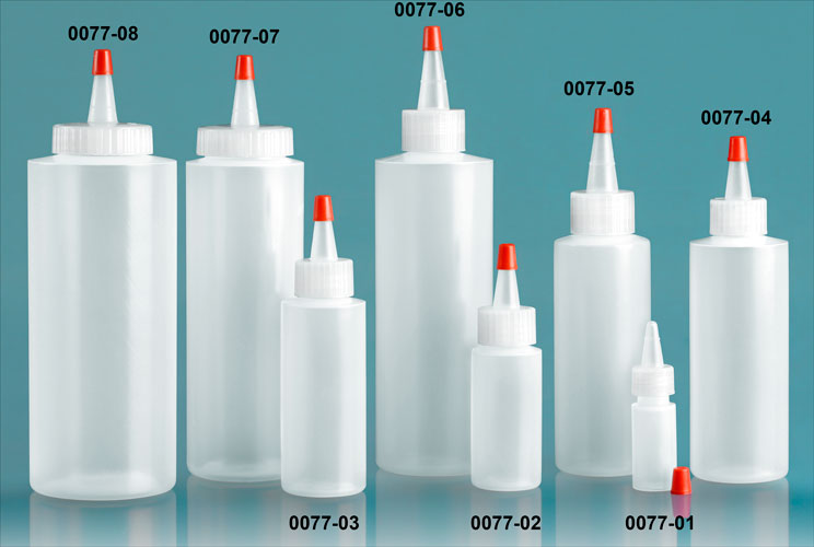 Plastic Bottles, Natural LDPE Cylinder Bottles w/ Long Tip Spout With Red Tip, Tips Have .030 Orifice Hole
