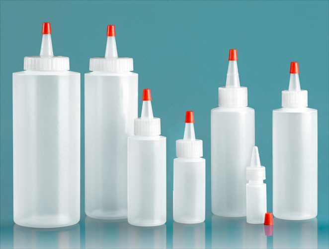 LDPE Plastic Bottles, Natural Cylinder Bottles w/ Long Tip Spout with Red Tip