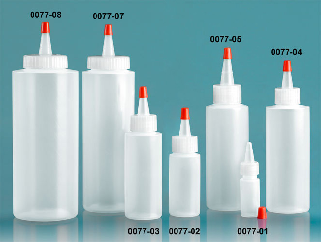 Plastic Bottles, Natural LDPE Cylinder Bottles w/ Long Tip Spout With Red Tip, Tips Have .030 Orifice Hole