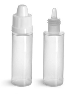Plastic Bottles, Natural LDPE Cylinder Bottles w/ Dropper Tip Inserts and Ribbed Child Resistant Caps