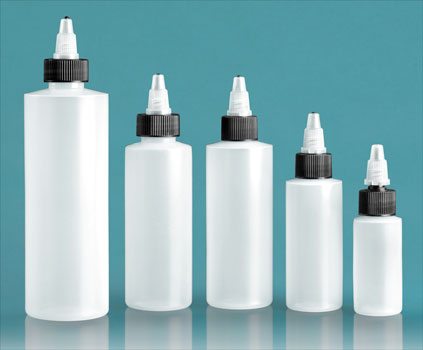 Plastic Bottles, Natural LDPE Cylinder Bottles w/ Black/Natural Twist Top Caps