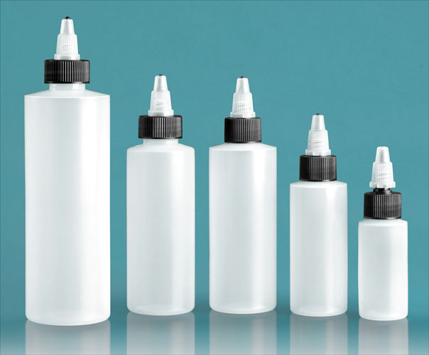 LDPE Plastic Bottles, Natural Cylinder Bottles w/ Black/Natural Twist Top Caps