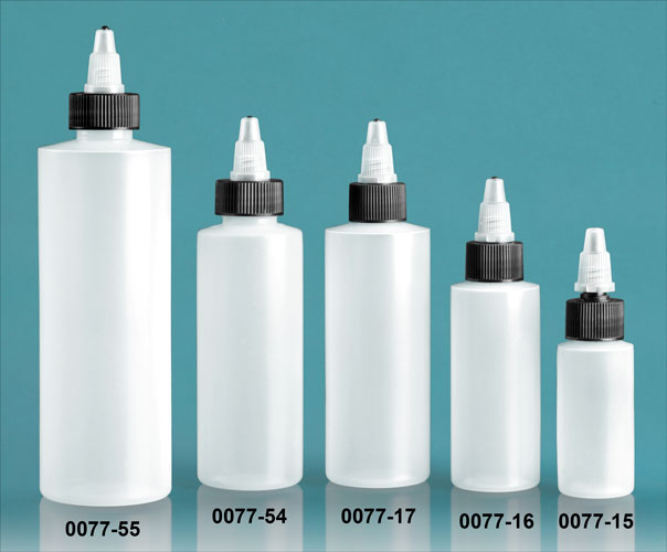 Plastic Bottles, Natural LDPE Cylinder Bottles w/ Black/Natural Twist Top Caps