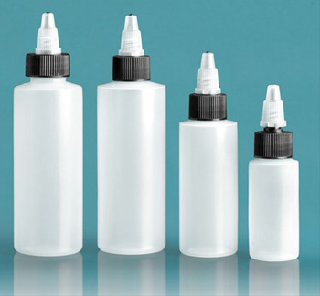 Plastic Bottles, Natural LDPE Cylinder Bottles w/ Black/Natural Twist Top Caps