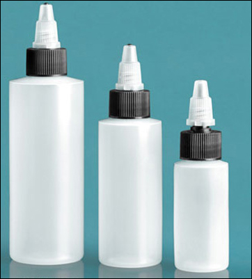 LDPE Plastic Bottles, Natural Cylinder Bottles w/ Black/Natural Twist Top Caps