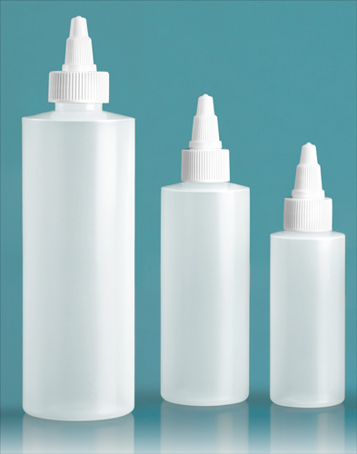 LDPE Plastic Bottles, Natural Cylinder Bottles w/ White Twist Top Caps